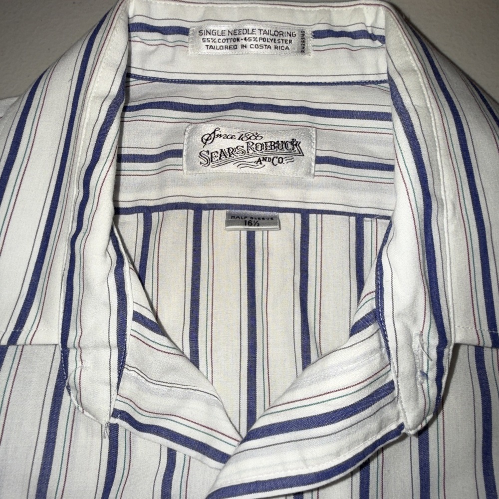 Sears Roebuck And Co. Men's Shirt‎ Half Sleeve Blue White Stripes 16.5 Vintage